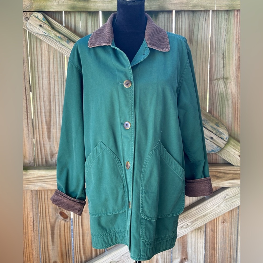 Vintage Lands’ End Dark Green Chore Barn Coat with Brown Corduroy Accents Size M